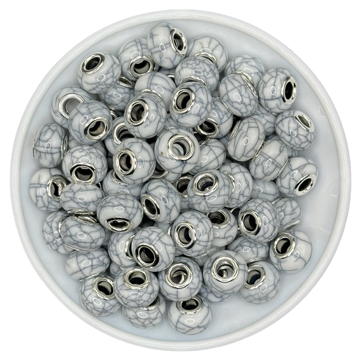 White Faux Stone Large Hole Spacer 14mm Platinum Moose Beads and Supplies