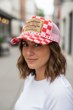 Pink & Red Checkered Trucker Hat (1 Hat)