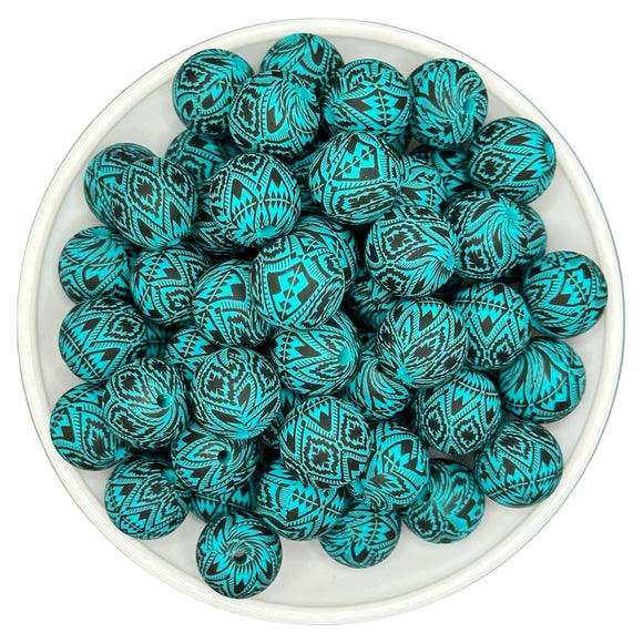 15-67 Turquoise & Black Western Print 15mm Silicone Bead EXCLUSIVE