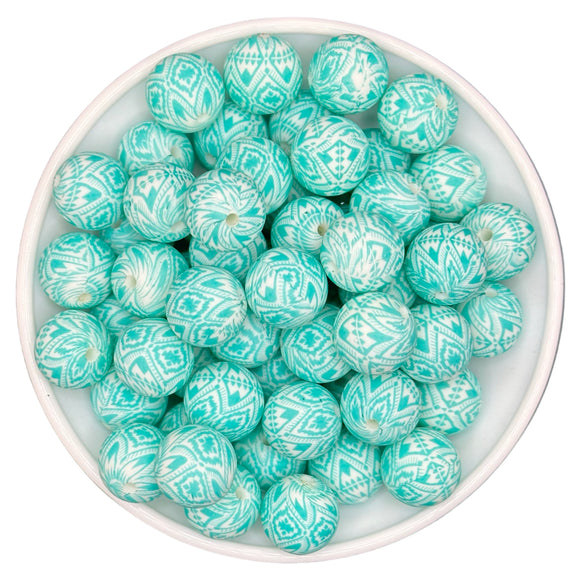 15-68 Turquoise & White Western Print 15mm Silicone Bead EXCLUSIVE