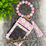 Pink Daisy Beaded Wristlet Keychain
