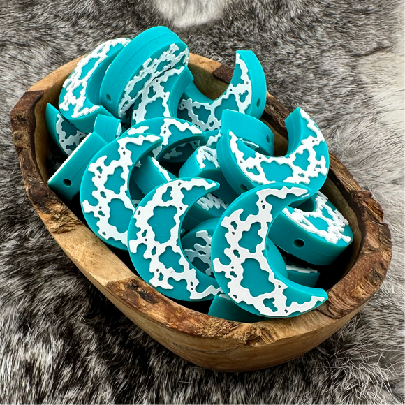 S-747 Turquoise Cow Print Moon Silicone Focal Bead EXCLUSIVE