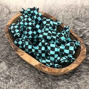 S-1136 Turquoise & Black Checkered Print Bow w/ Tails Silicone Focal EXCLUSIVE