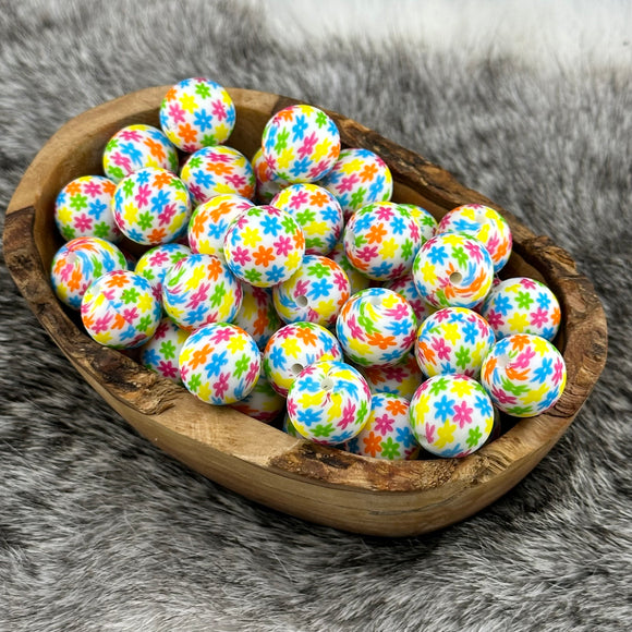 15-107 Neon Happy Flowers Print 15mm Silicone Bead EXCLUSIVE