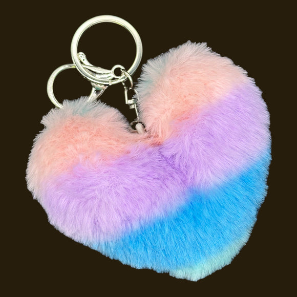 Extra Large Pastel Stripe Heart Pom Pom Keychain