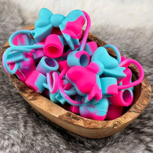 S-589 Turquoise & Hot Pink Swirl SILICONE Bow Straw Topper EXCLUSIVE