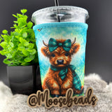 Highland Cow w/ Scarf & Bow Reuseable Iced Coffee Cup Sleeve (Koozie) EXCLUSIVE