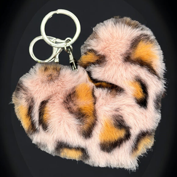 Extra Large Rose Leopard Heart Pom Pom Keychain