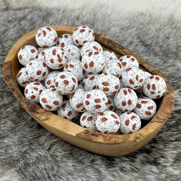 15-116 White Ladybug Print 15mm Silicone Bead EXCLUSIVE