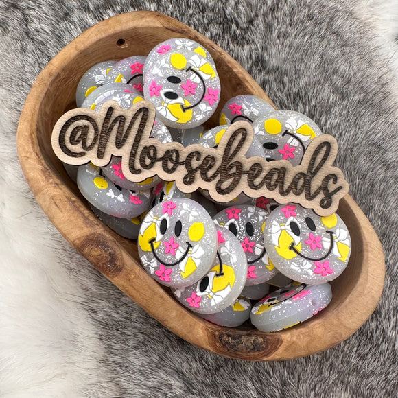 S-1359 Lemon w/ White Bow & Hot Pink Flowers Happy Face Silicone Focal EXCLUSIVE