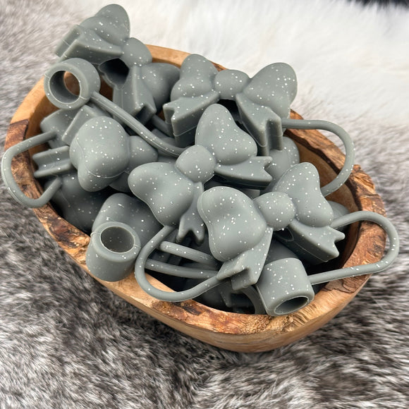 Gray Glitter SILICONE Bow Straw Topper EXCLUSIVE