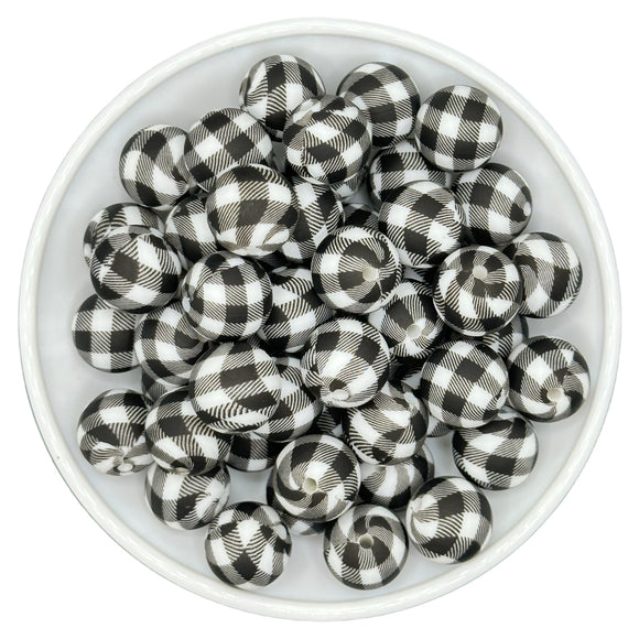 15-7 Black & White Buffalo Plaid 15mm Silicone Bead