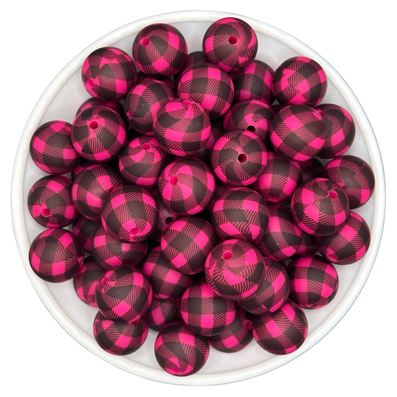 15-98 Pink & Black Buffalo Plaid 15mm Silicone Bead