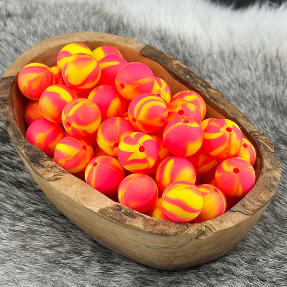 15-189 Neon Pink & Yellow Swirl 15mm Silicone Bead EXCLUSIVE