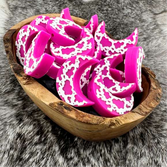 S-682 Hot Pink Cow Print Moon Silicone Focal Bead EXCLUSIVE