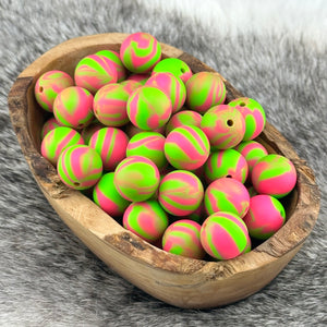 15-190 Neon Green & Pink Swirl 15mm Silicone Bead EXCLUSIVE