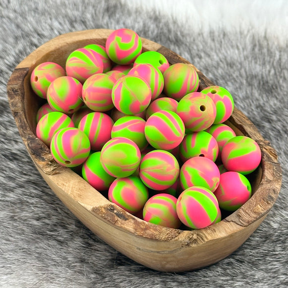 15-190 Neon Green & Pink Swirl 15mm Silicone Bead EXCLUSIVE