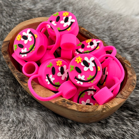 S-591 Hot Pink Hippie Happy Face GLITTER SILICONE Straw Topper EXCLUSIVE