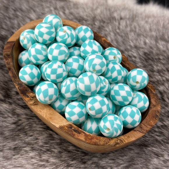 15-186 Turquoise & White Checkered 15mm Silicone Bead (Murphy & Co/Moosebeads Exclusive)