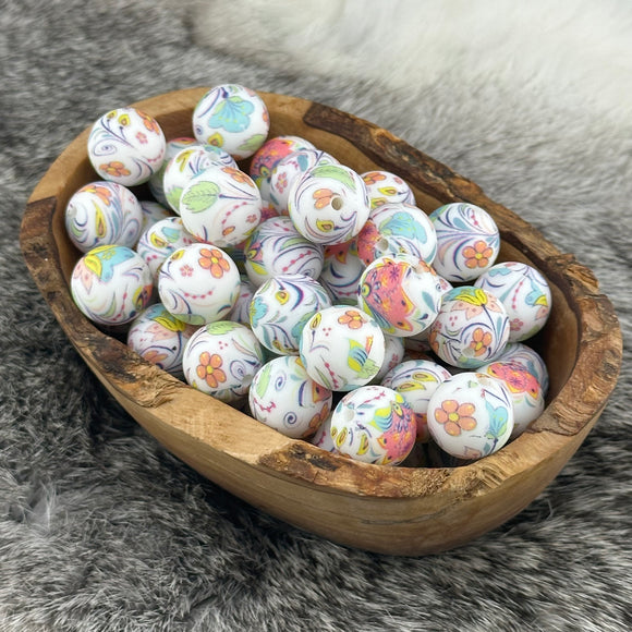 Pretty Floral Print 15mm Silicone Bead