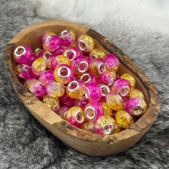 Hot Pink & Yellow Cracked Glass Large Hole Spacer 14mm