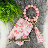 Peachy Pink Bows Beaded Wristlet Keychain