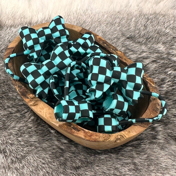 S-600 Black & TURQUOISE Checkered print SILICONE Bow Straw Topper EXCLUSIVE