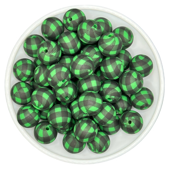 15-16 Black & Green Buffalo Plaid 15mm Silicone Bead