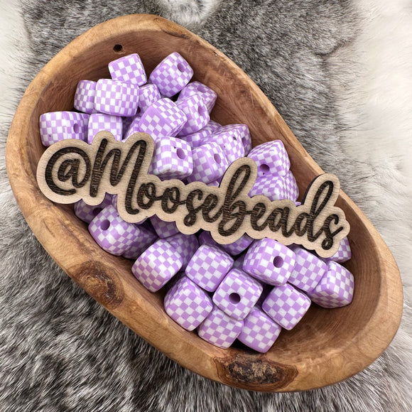 14mm Purple & White Checkered Cube Acrylic Beads