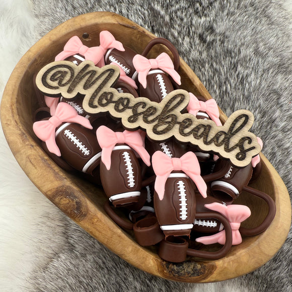 BST-121 Football w/ Coquette PINK Bow SILICONE Straw Topper EXCLUSIVE