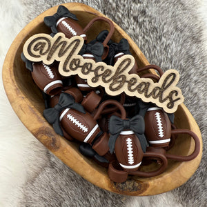 BST-122 Football w/ BLACK Bow SILICONE Straw Topper EXCLUSIVE