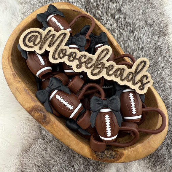 BST-122 Football w/ BLACK Bow SILICONE Straw Topper EXCLUSIVE