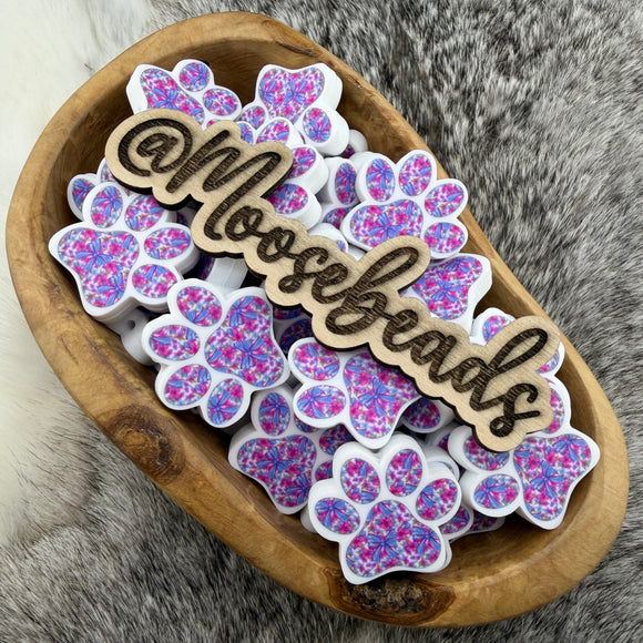 S-1288 Blue Bow & Pink Floral Printed Paw Print Silicone Focal EXCLUSIVE