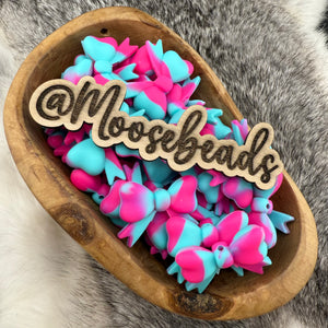 S-1324 Turquoise & Hot Pink Swirl Bow w/ Tails Silicone Focal EXCLUSIVE