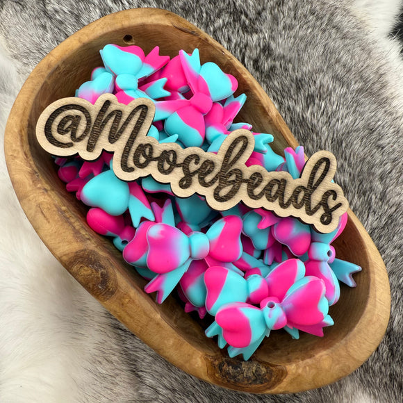 S-1324 Turquoise & Hot Pink Swirl Bow w/ Tails Silicone Focal EXCLUSIVE