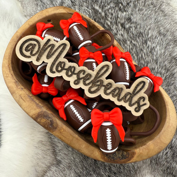 BST-123 Football w/ RED Bow SILICONE Straw Topper EXCLUSIVE