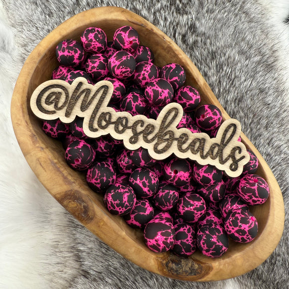 15-230 Hot Pink & Black Cow w/ Glitter 15mm Silicone Bead EXCLUSIVE