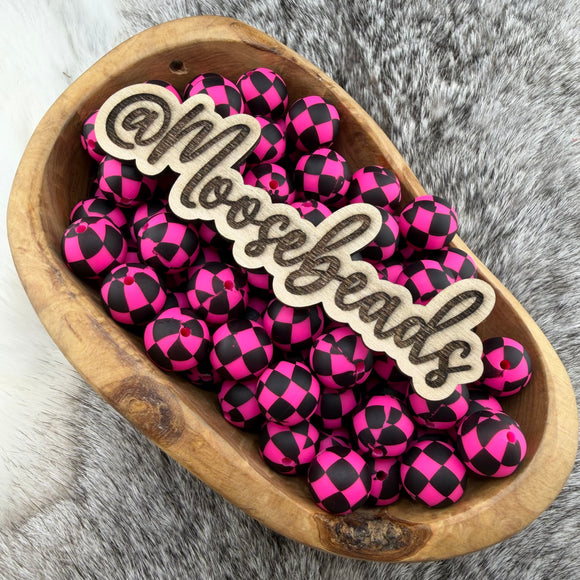 15-244 Pink & Black Checkered 15mm Silicone Bead EXCLUSIVE