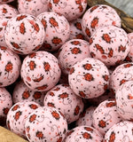 15-114 Pink Ladybug Print 15mm Silicone Bead EXCLUSIVE