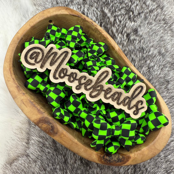 S-918 Neon Green Checkered Bow w/ Tails Silicone Focal EXCLUSIVE