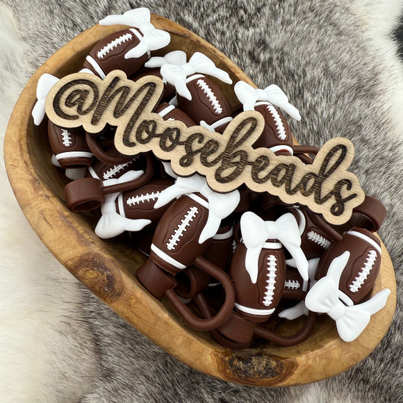 BST-96 Football w/ WHITE Bow SILICONE Straw Topper EXCLUSIVE