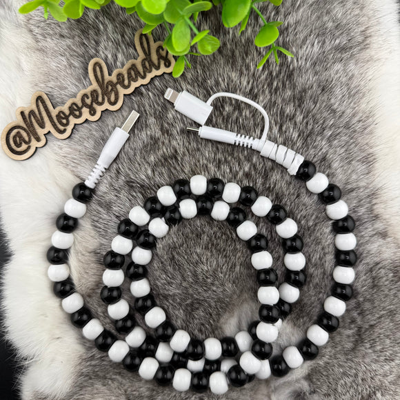 Black & White USB to Lightning/USB C Beaded Charging Cable (1 to 2)