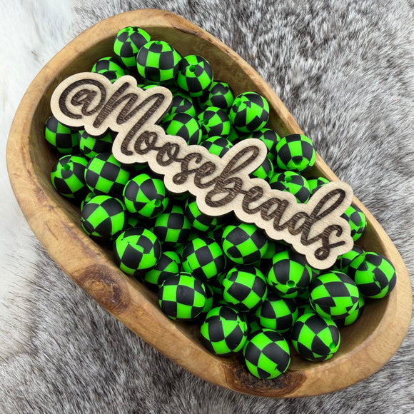 15-246 Neon Green Checkered 15mm Silicone Bead EXCLUSIVE