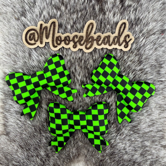 Neon Green Checkered JUMBO Bow w/ Tails Silicone Focal EXCLUSIVE