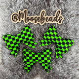 Neon Green Checkered JUMBO Bow w/ Tails Silicone Focal EXCLUSIVE