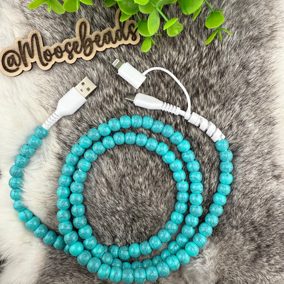 Turquoise Faux Stone USB to Lightning/USB C Beaded Charging Cable (1 to 2)