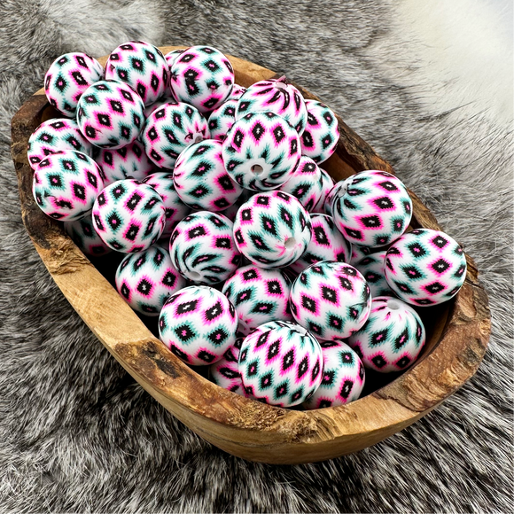 15-157 Hot Pink & Turquoise Aztec Print 15mm Silicone Bead EXCLUSIVE