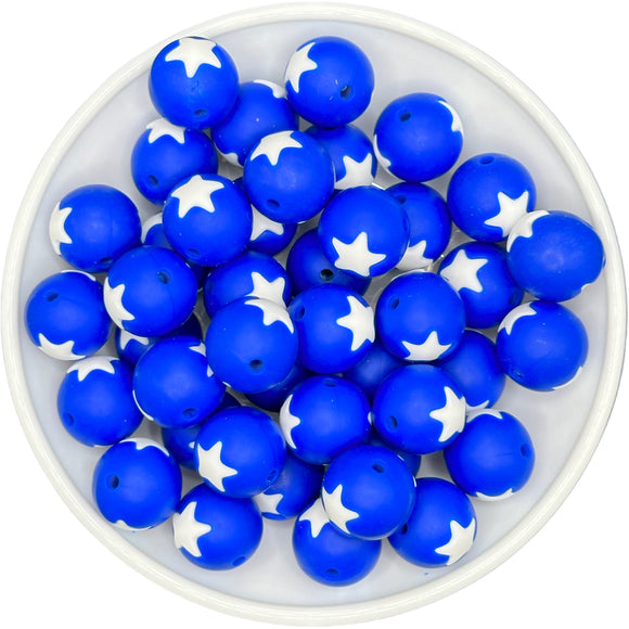 Blue w/ White Star 15mm Silicone Bead