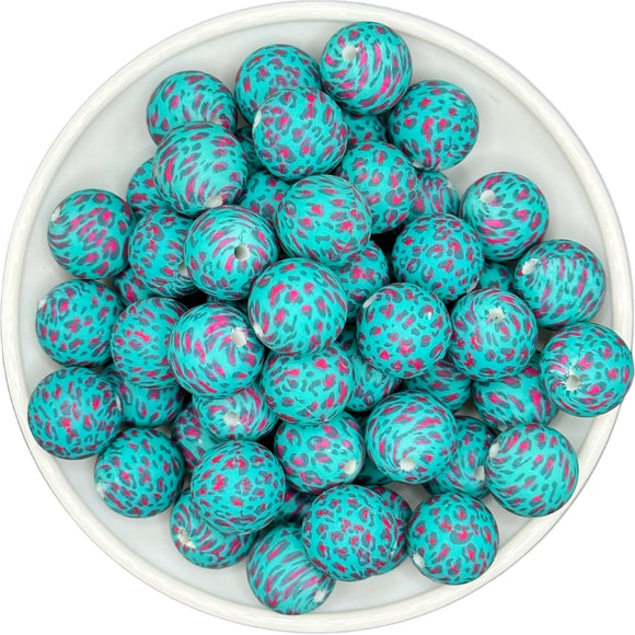 15-145 TURQUOISE & HOT PINK LEOPARD 15mm Silicone Bead EXCLUSIVE