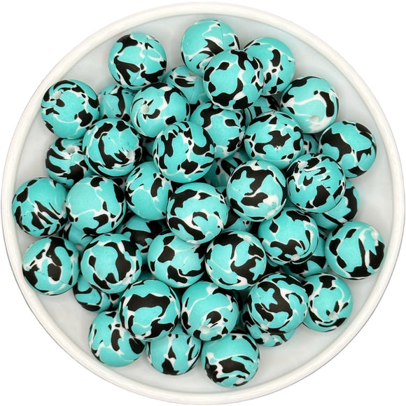 TURQUOISE & BLACK DOUBLE COW PRINT 15mm Silicone Bead EXCLUSIVE